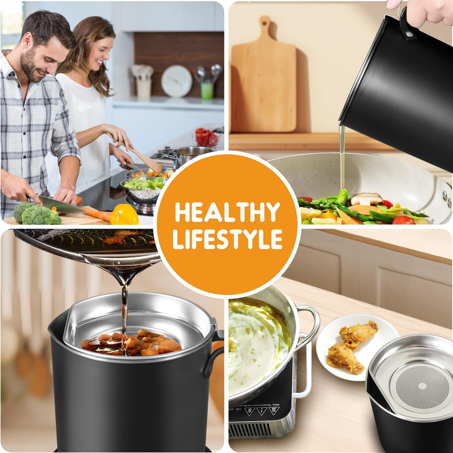 Chihee Grease Container Stainless Steel Bacon Grease Saver with Fine Mesh Strainer 2L / 67.6 fl oz Cooking Oil Keeper Stoarge Can with Dust-proof Lid Non-slip Tray for Kitchen Frying