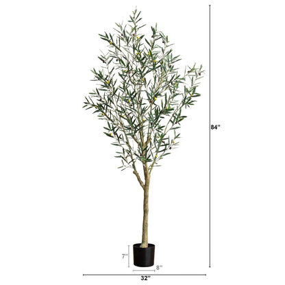 Nearly Natural Greco Olive Tree Artificial Indoor 7FT Tall Designer Ultra Realistic Thick Trunk Faux Olive Tree for Home and Office Decor, Fake Olive Tree with Olive Tree Branches and Lifelike Fruits