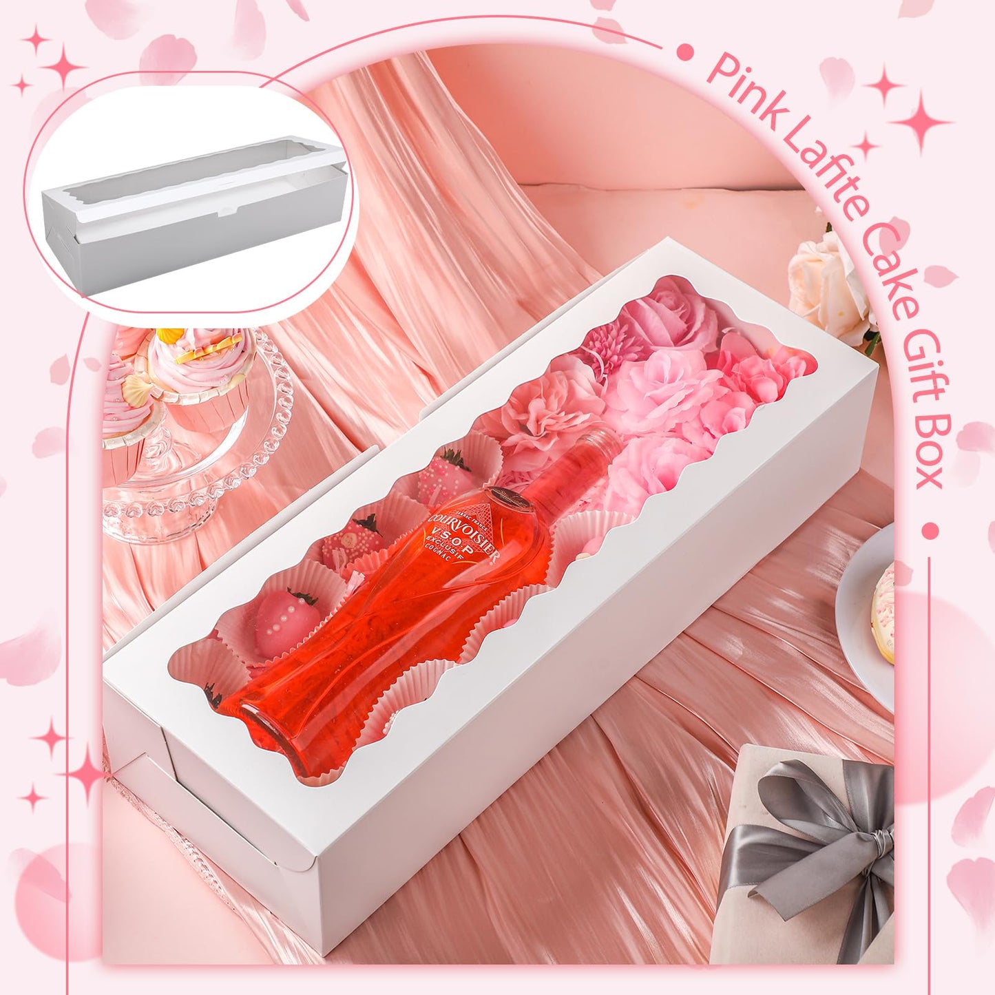 Chivertion 20 Pack Mother's Day Rose and Wine Box for Gifts 20" X 7" X 4" Cookie Bakery Boxes With Window Rectangle Extra Large Treat Boxes for Strawberries Chocolate Cake