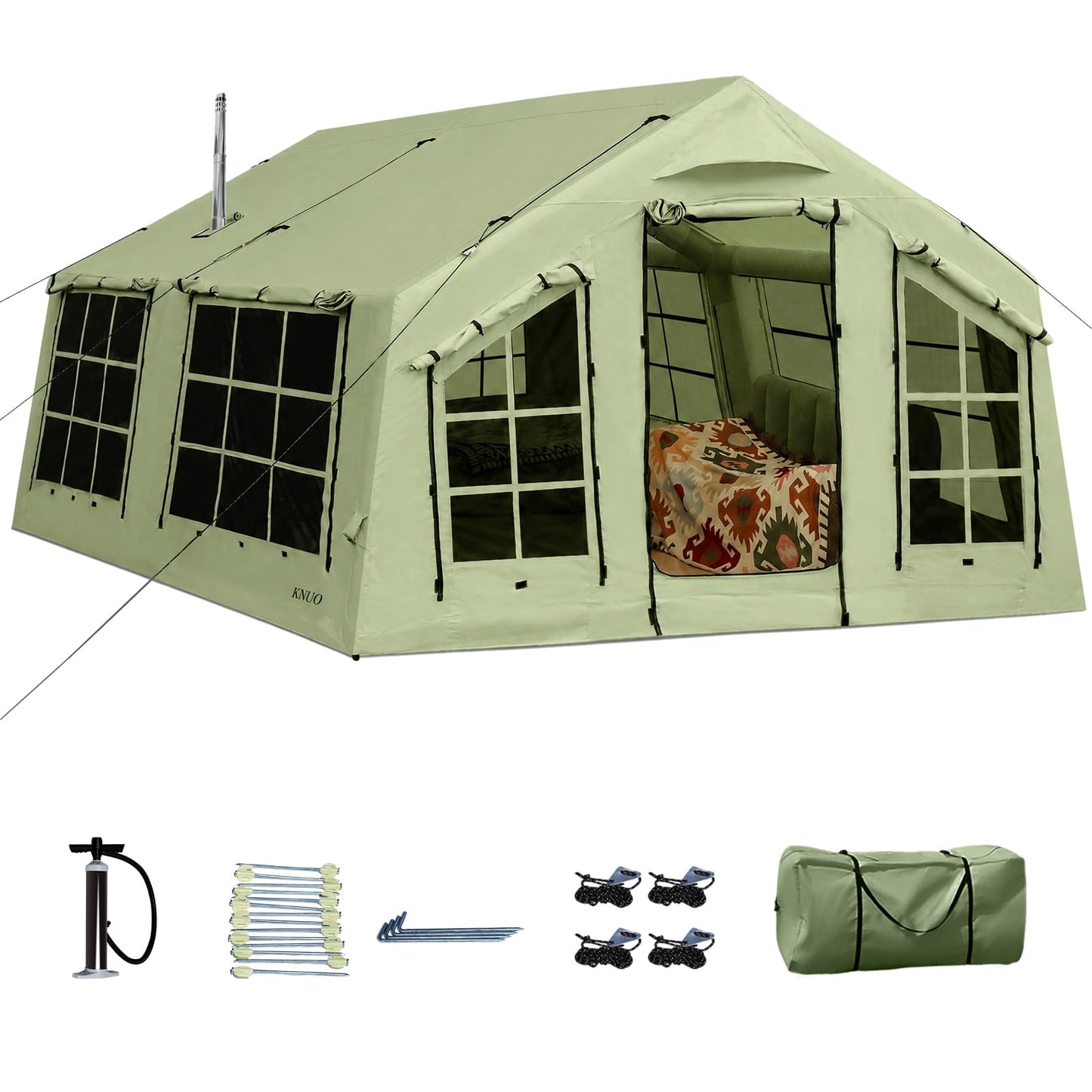 KNUO 2026 Upgraded 100% Waterproof Inflatable Camping Tent for 6~8 People, Large Blow-Up Air Tent, No Assembly Needed Luxury Glamping House, 12x15ft Oxford Fabric, Green