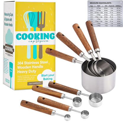 Measuring Cups and Spoons Set with Wooden Handle, 8 Pieces Stainless Steel Measuring Spoon and Cup with US Measurements for Baking and Cooking Sliver