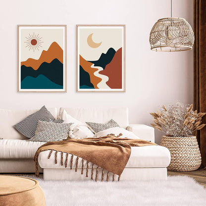 Bankrenart Boho Wall Art, Mid Century Abstract Sun and Moon River Landscape, Unframed Canvas Print for Living Room