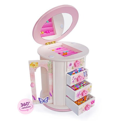 Tiny Gem - Spinning Jewelry Box for Girls Ages 2-18; Little Girl and Toddler Birthday and Christmas Gift; Flower and Butterfly White and Pink Wood Jewelry Box and Organizer; Room Decor for Accessories