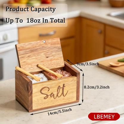 Acacia Wood Spice Box with Lid and Built-in Spoon for Kitchen Countertop, Rectangle Farmhouse Kitchen Decoror for Storing Salt, Peppers, Sugar or Seasonings, Brown (Brown (Labeled - “Salt”))