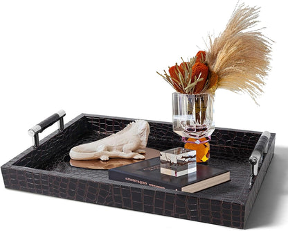 16x12inches SXNOWS Faux Leather Rectangle Serving Tray with Handles, Large Decorative Tray for Ottoman Coffee Table