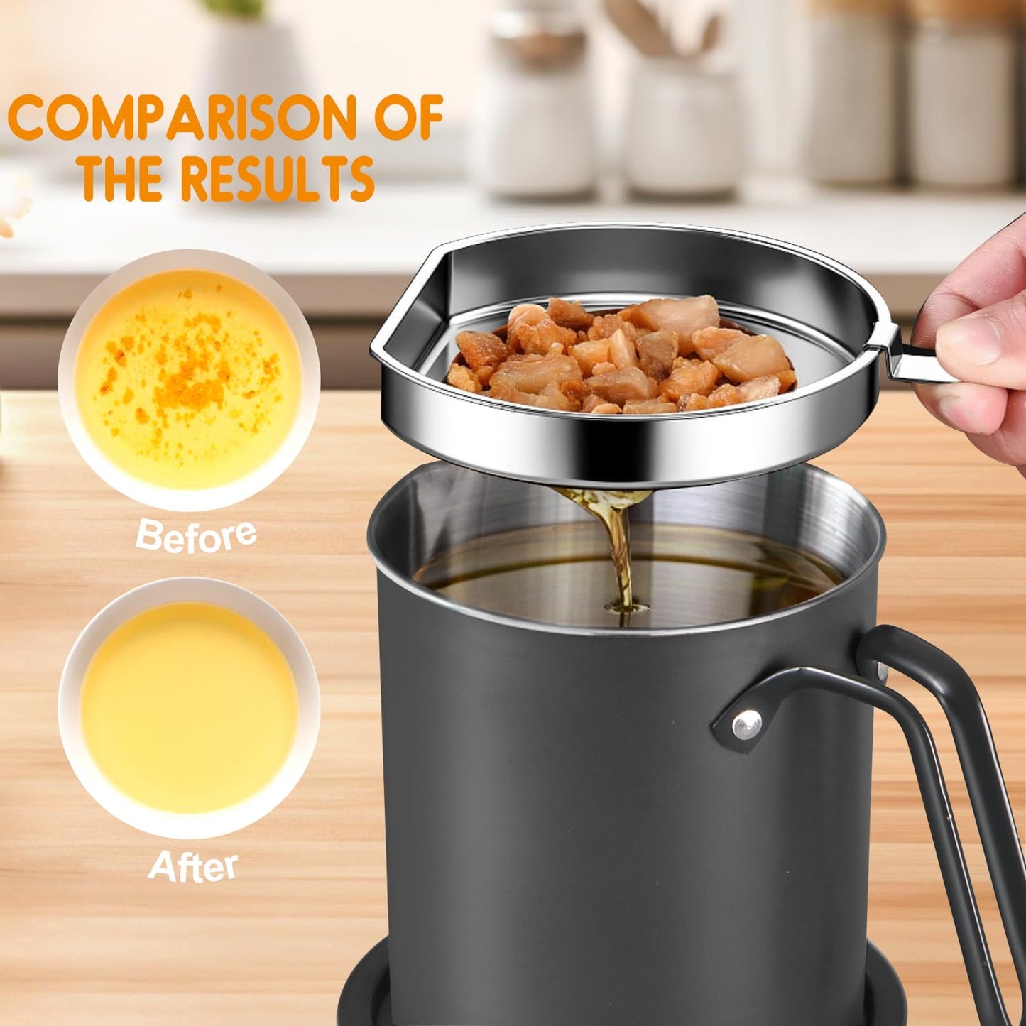 Chihee Grease Container Stainless Steel Bacon Grease Saver with Fine Mesh Strainer 2L / 67.6 fl oz Cooking Oil Keeper Stoarge Can with Dust-proof Lid Non-slip Tray for Kitchen Frying