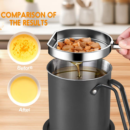 Chihee Grease Container Stainless Steel Bacon Grease Saver with Fine Mesh Strainer 2L / 67.6 fl oz Cooking Oil Keeper Stoarge Can with Dust-proof Lid Non-slip Tray for Kitchen Frying