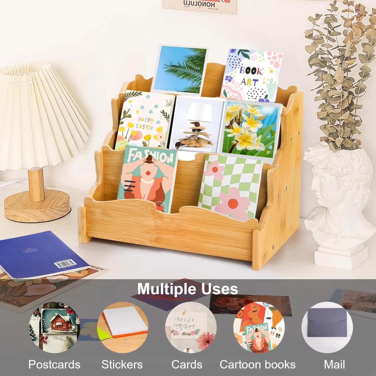 yarlung Bamboo Greeting Card Display Stand, 3 Tier Card Holder Sticker Display Postcard Stand for Craft Show, Vendors, Retail Counter, Bookcase, Brochure Holder