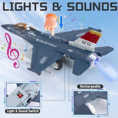 Crelloci Diecast Metal Alloy Fighter Jet Military Airplane Toy with Mist Spray, Lights & Sounds, Pull Back Function Army Air Force Aircraft for Kids, Toddlers Ages 3+, Gift for Boys Girls (Blue)