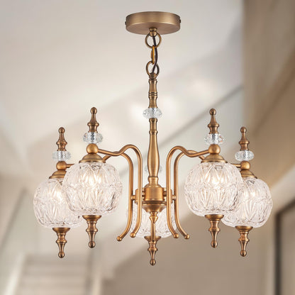 TLOLGT Chandeliers Vintage 5 Lights Brass Glass Pendant Lighting Fixtures Rustic Style Chandelier Matte Brushed Antique Brass Finish with Crystal Glass Shade for Kitchen Island Farmhouse