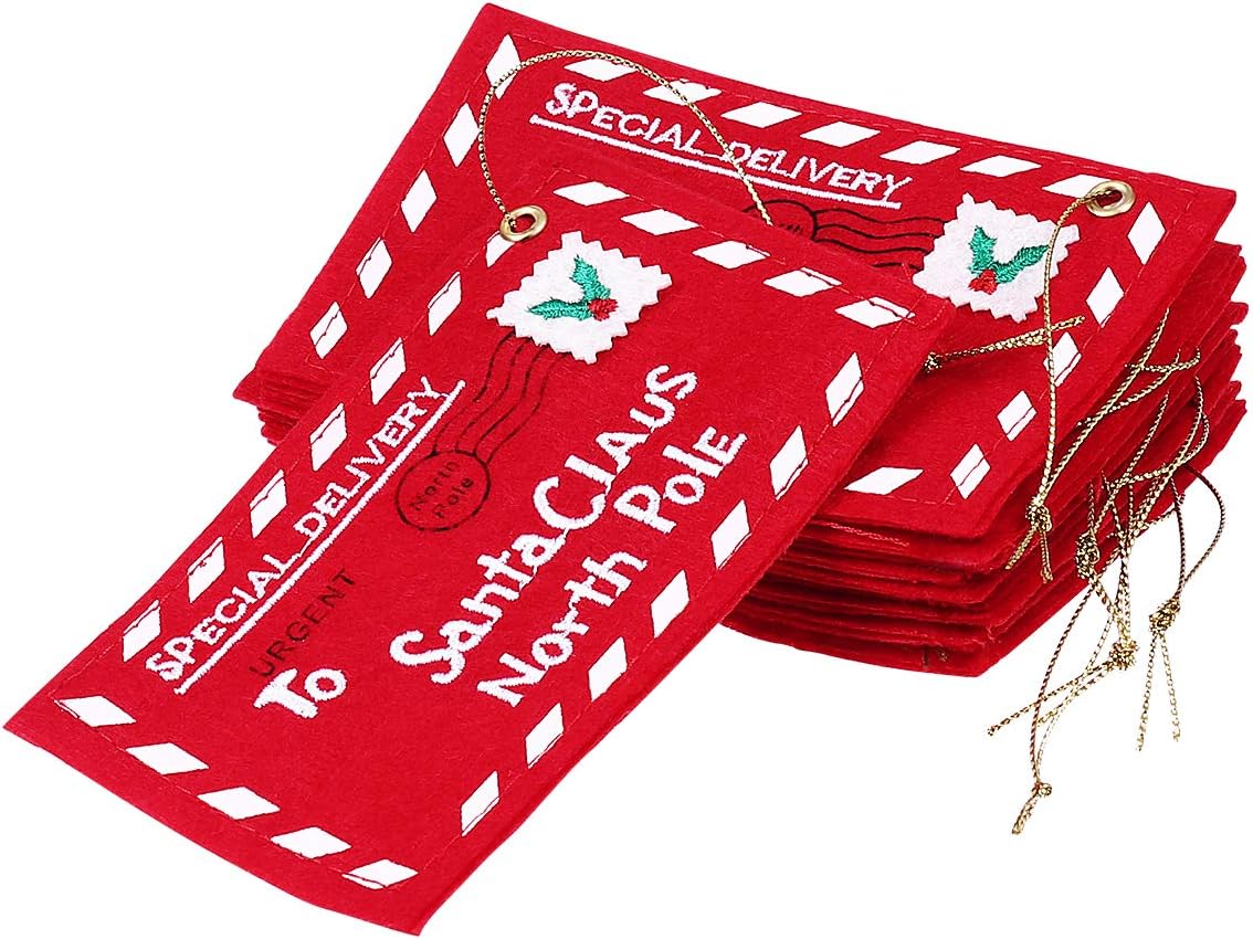 Letter Envelope to Santa Claus, 10pcs Christmas Candy Bag Tree Ornament Embroidery (Red)