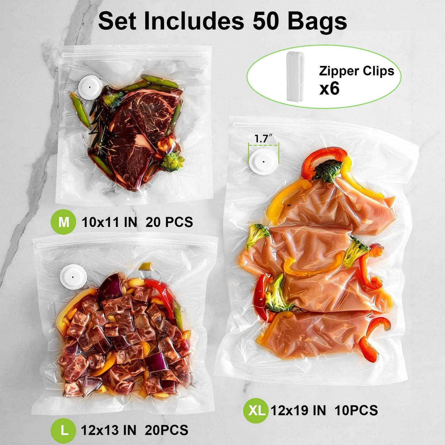 TomCare Vacuum Sealer Bags for Food: 50 PCS with 6 Clips - 12x19”(XL, 10PCS) 12x13”(L, 20PCS) 10x11”(M, 20 PCS) Reusable Vacuum Seal Bags Food Storage Vacuum Bags for Sous Vide Freezer Microwave