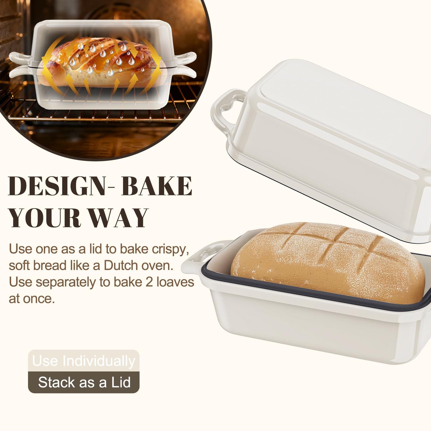 DYCYRQ Enameled Cast Iron Sourdough Bread Dutch Oven, Cast Iron Loaf Bread Pan for Homemade Bread Baking, 2PCS 8.5 x 4.5 Inch Meatloaf Pan with Lid, Oven Safe, Cream