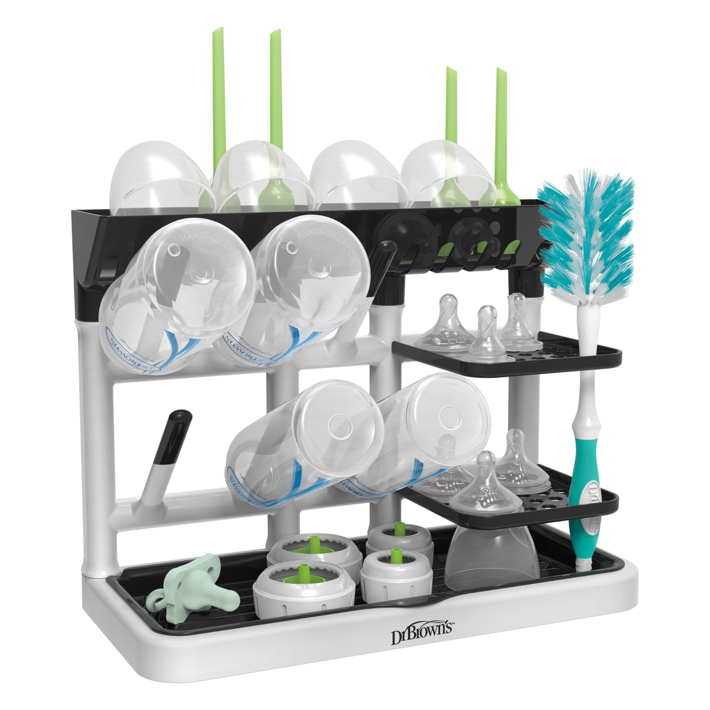 Dr. Brown's Baby Bottle Drying Tower, Stand-Up Countertop Drying Rack with Organized Storage for Baby Essentials, Space Saving Vertical Rack, Black/White