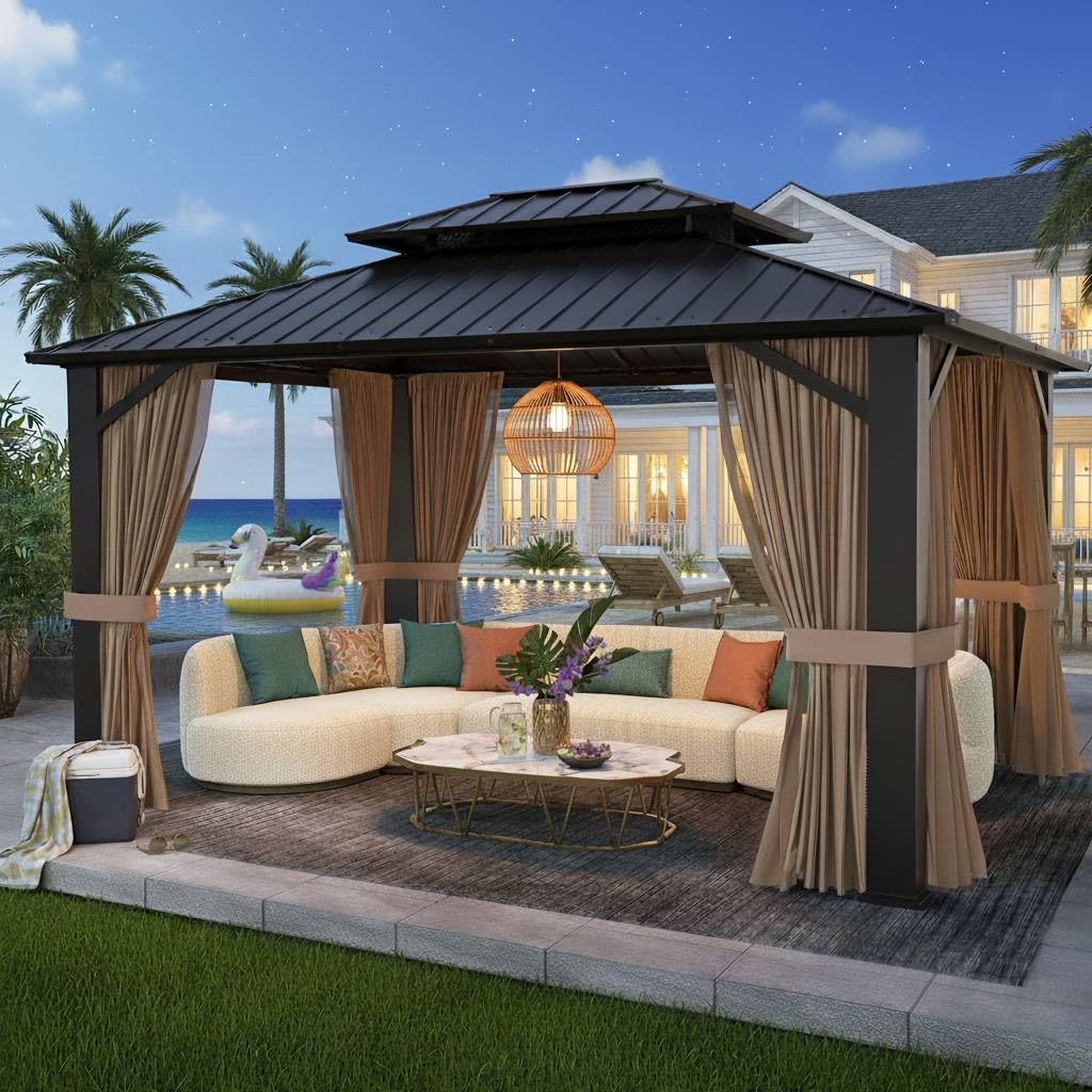 SOLUMIA 10x12ft Hardtop Gazebo, Metal Pavilion with Mesh Mosquito Netting & Curtains, All-Weather Outdoor Pergola for Garden, Patio, and Backyard（A Set of 2 Boxes）