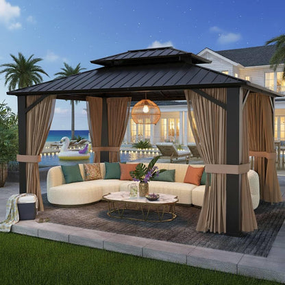 SOLUMIA 10x12ft Hardtop Gazebo, Metal Pavilion with Mesh Mosquito Netting & Curtains, All-Weather Outdoor Pergola for Garden, Patio, and Backyard（A Set of 2 Boxes）