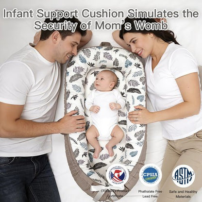 Infant Support Cushion - Reversible & Adjustable Baby Support Mat for Tummy Time | Soft, Breathable, Washable Cover | Grey Leaves