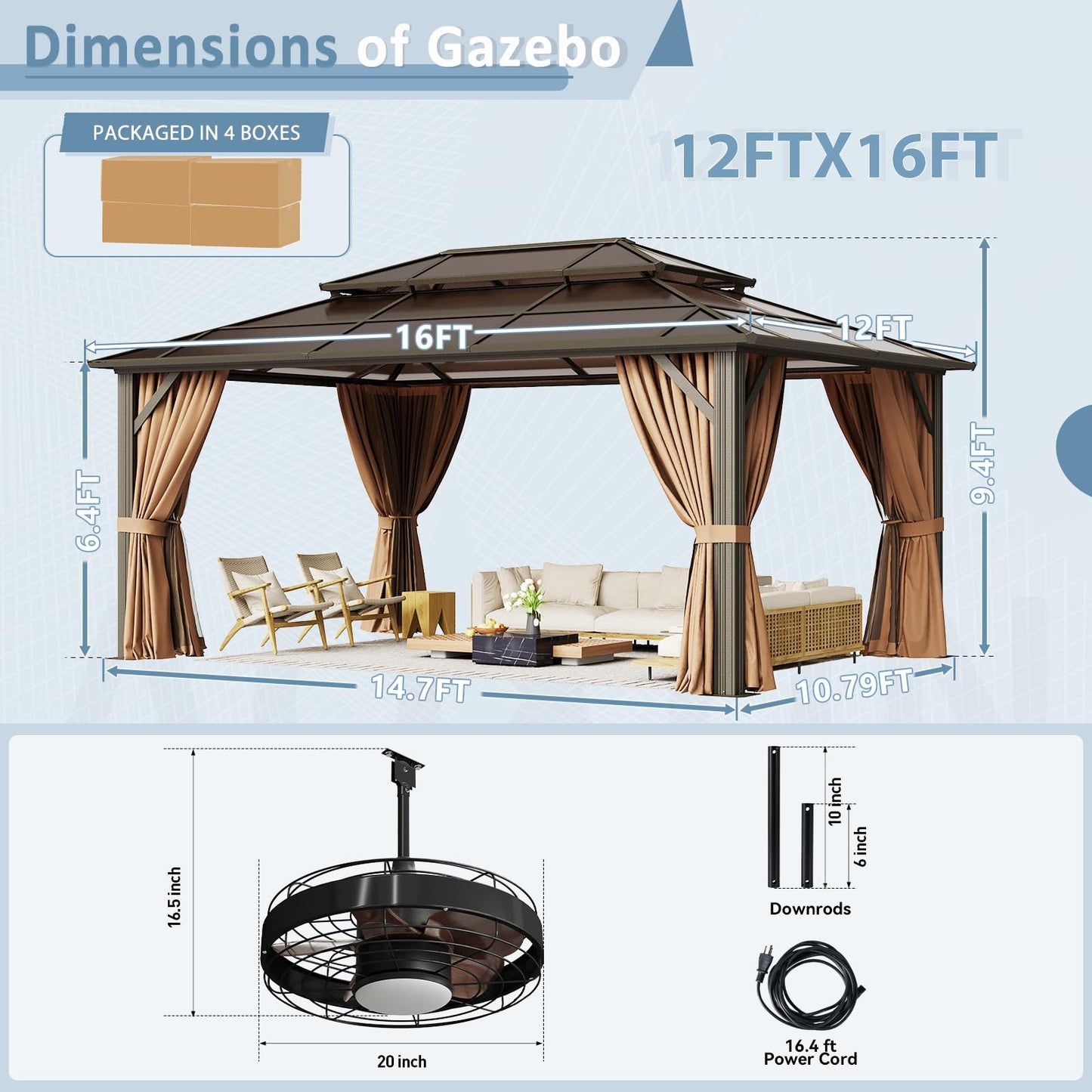 Aoxun 12'x16' Hardtop Gazebo, Aluminum Frame Permanent Pavilion with Curtains and Netting, Outdoor Polycarbonate Double Roof Canopy with Ceiling Fan, for Garden, Lawns, Patio, Brown