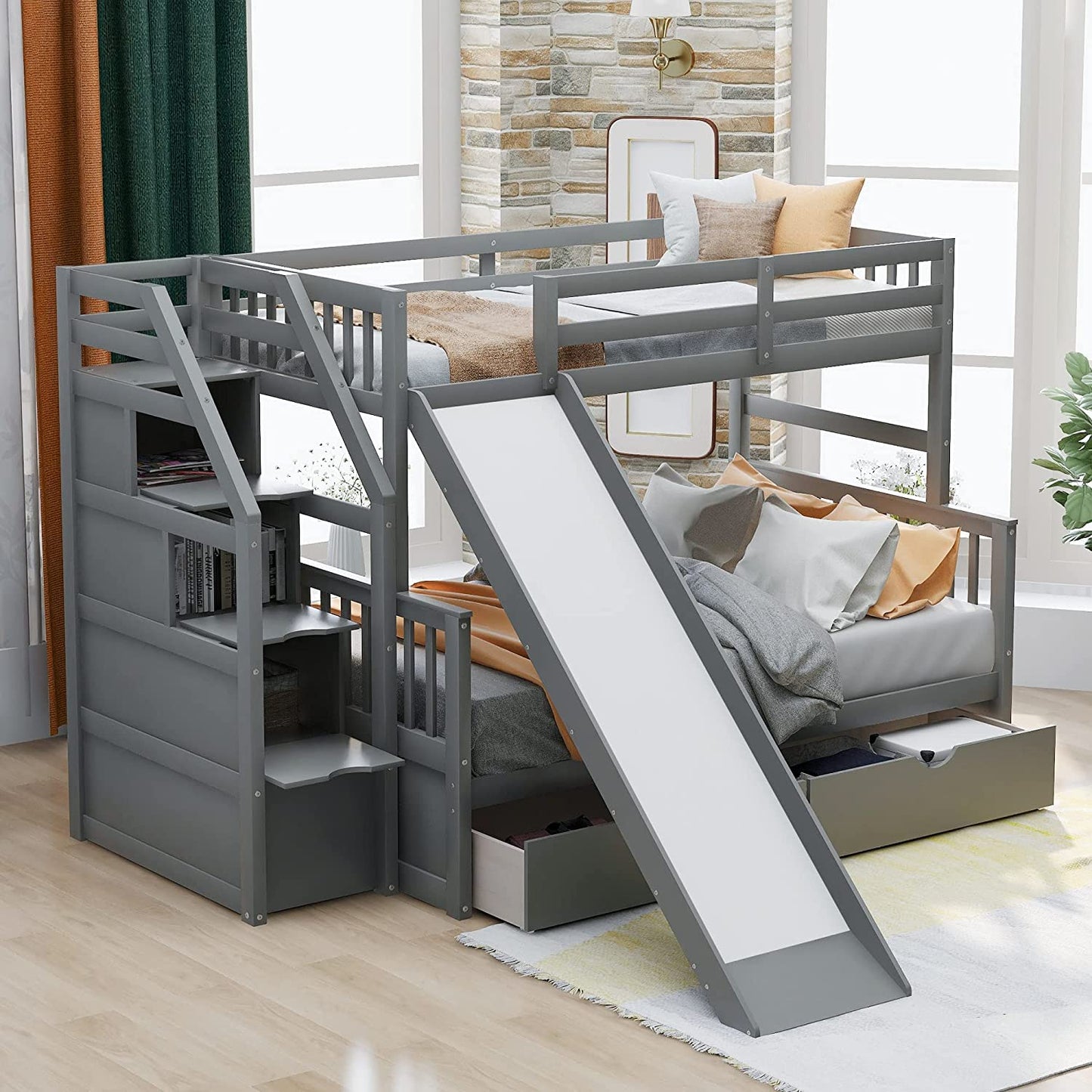 DNYN Full Size Loft Bed with Desk & Shelves & Ladder for Kids/Adults,Solid Wood Bedframe,High Loftbed with Safety Guardrails,Space Saving Design & No Box Spring Needed,79.3"×58.5"×65.4", Gray
