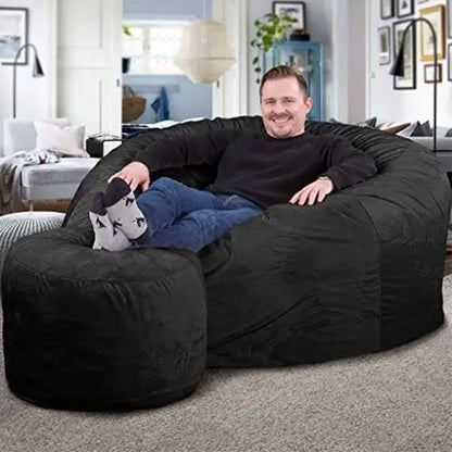 ULTIMATE SACK 5000 5-Foot Bean Bag Chair with Footstool, Charcoal Fur Cover – Oversized Foam Lounger, Floor Seat, Small Sofa, or Couch Bed for Living Area, Gaming Room, or Reading Lounge