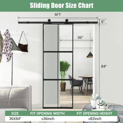36 x 84" Glass Barn Door with 3-Panel Frosted Tempered Glass, 6 ft Top Mount Sliding Door Kit with Soft Close Mechanism,Black Carbon Steel Tempered Glass Sliding Door,Easy Assembly, Hardware Included