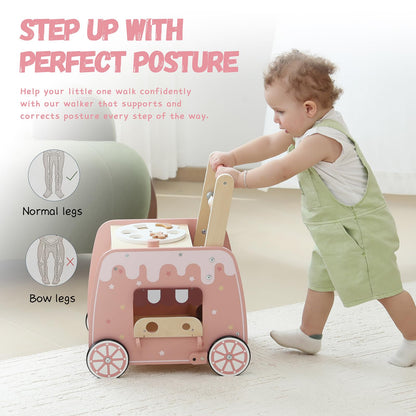 Wooden Baby Walker, Multifunctional Ice Cream Cart Activity Toy for Learning to Push Walk with Wheels, Pretend Playset Ideal for Toddlers, Boys and Girls Ages 18-36M