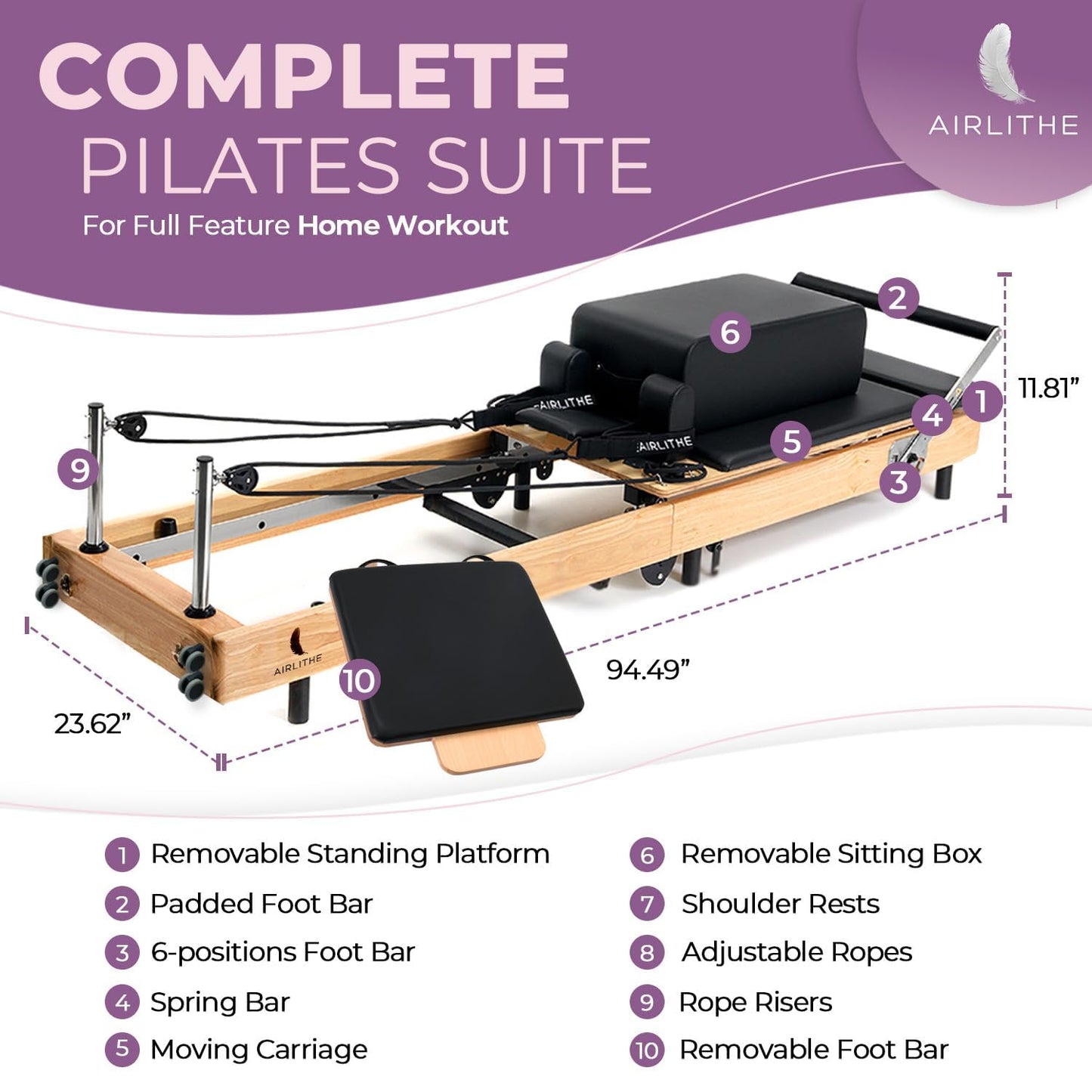 Airlithe Foldable Pilates Reformer Machine for Home Workouts – Wooden Pilates Reformer Equipment with 360° Wheels, Reformer Box, Jump Board & Foot Board | 70+ Guided Workouts