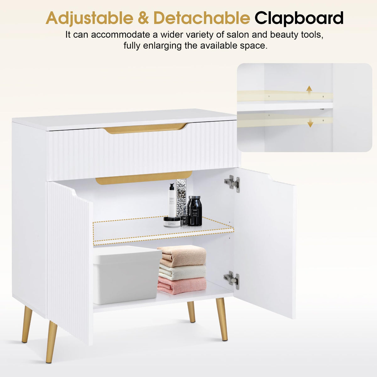 BarberPub Barber Station with Drawer & Cabinet, Beauty Salon White Storage Organizer with Concave Fluted Wall, Modern SPA Freestanding Equipment 3196 (White)