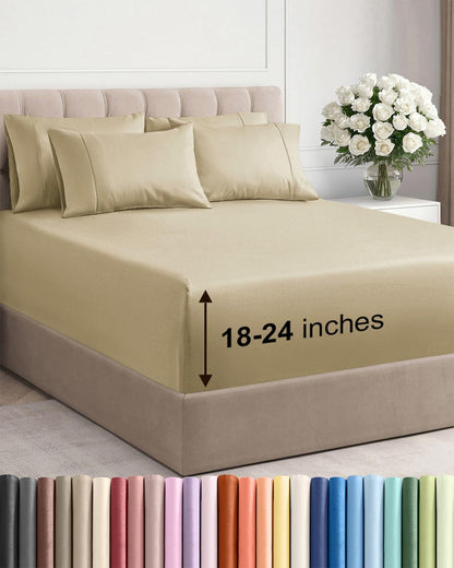 Skiennix Extra Deep Queen Sheet Set | 6-Piece Breathable Cooling Bedding - Soft, Wrinkle-Free - Beige