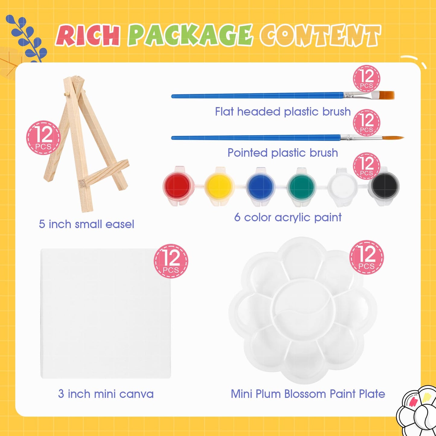ESRICH 12 Set Mini Acrylic Paint Kit, Minis Stretched Canvas with Easel, Acrylic Paint Strips, Palettes, Painting Brushes, Mini Canvas and Easel Set for Kids Artists Beginner,Gift