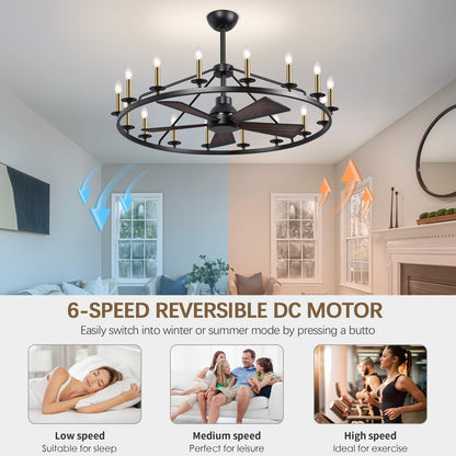 44" Wagon Wheel Chandelier with Fans, Black and Gold Wagon Wheel Ceiling Fan with 16-Light and Remote, Farmhouse Chandelier for Living Room, Adjustable Height, 6-Speed Reversible Quiet Large Fandelier