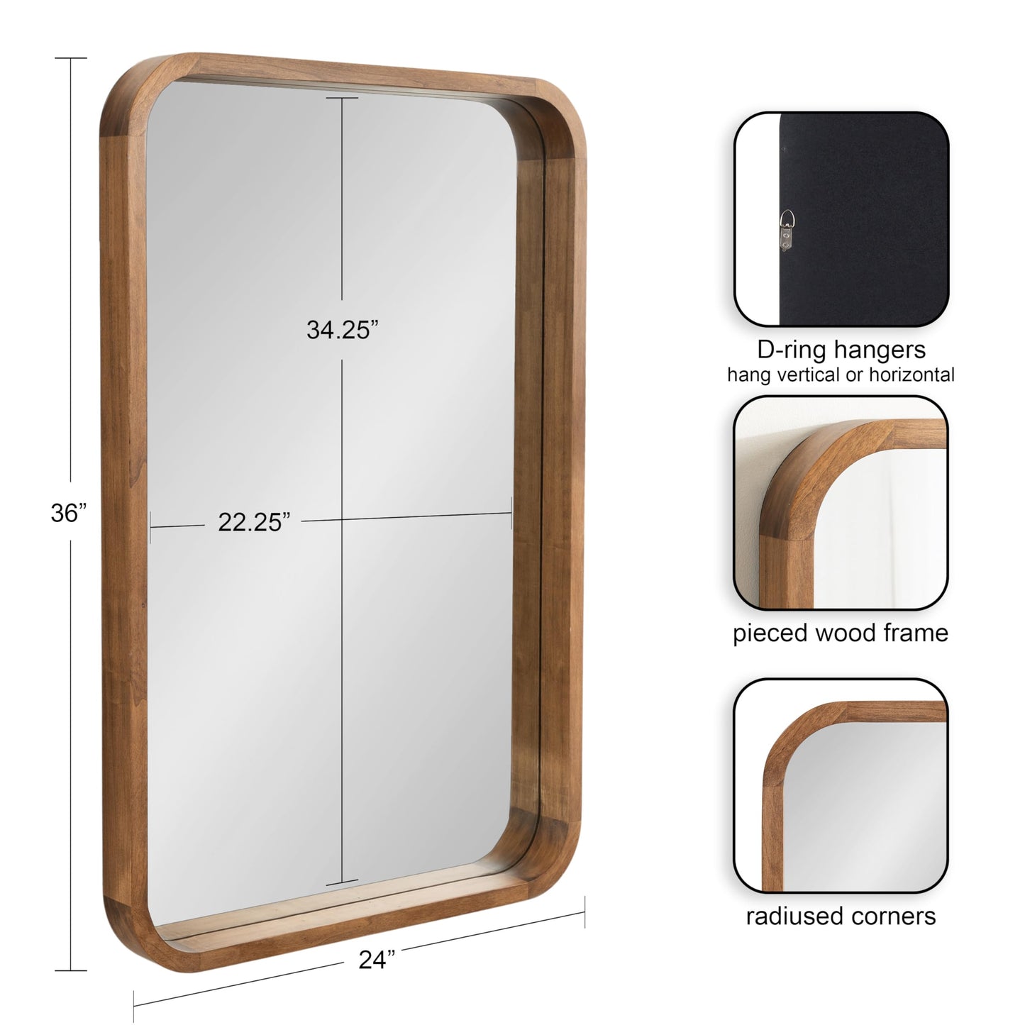 Kate and Laurel Hutton Modern Rounded Rectangle Wall Mirror; 24 x 36; Natural Rustic; Decorative Farmhouse Rectangular Wall Decor for Bathroom Mirror for Over Sink