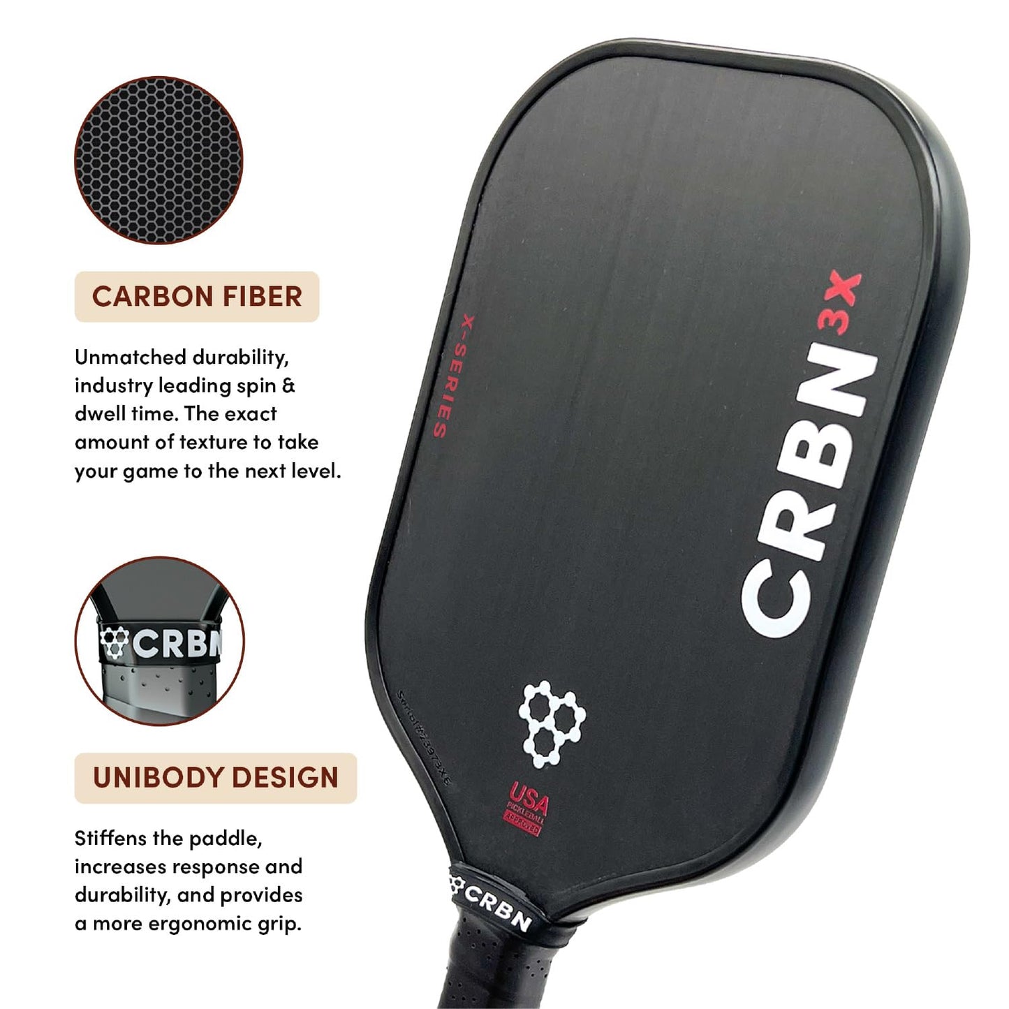 CRBN Pickleball – X Series Power Paddle (3X, 16mm) + Pro Team Tour Paddle Bag with Zip-Off Sling – Carbon Fiber Paddle & Multi-Pocket Gear Bag - Virtual Bundle