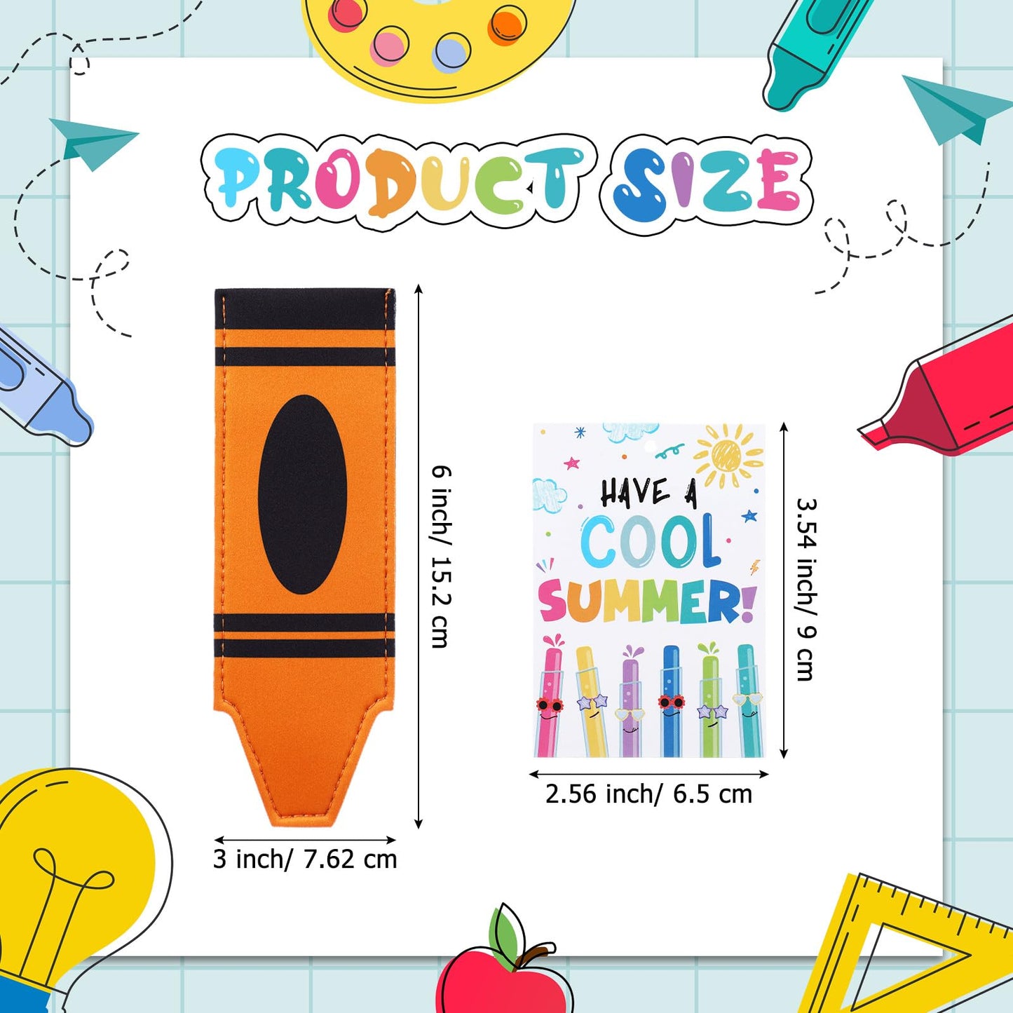 Potchen 24 Set Ice Pop Sleeves Reusable Colorful Freezer Neoprene Ice Sleeves Holder Bag with 24 Pcs Gift Cards 1 Roll Ribbon for Classroom Prizes Summer Birthday Party(Crayon)