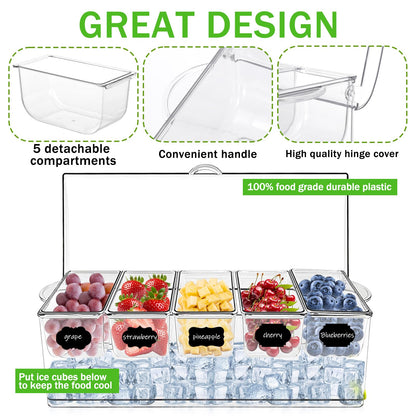 Hlimior 36 pcs Ice Chilled Condiment Server Caddy Bar Fruit Caddy with Lid, 5 Removable Compartments Plastic Storage Food Container Clear Ice Condiment Serving Tray for Party, Toppings Bar Container
