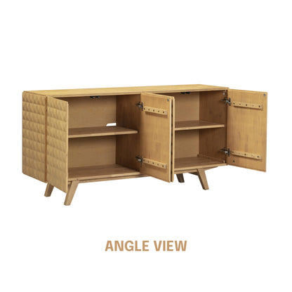 NTC Sapa Mid-Century Modern Solid Wood Sideboard – 4-Door Accent Buffet Cabinet with Carved Geometric Fronts, for Living Room, or Entryway, Effortless Assembly, Sand
