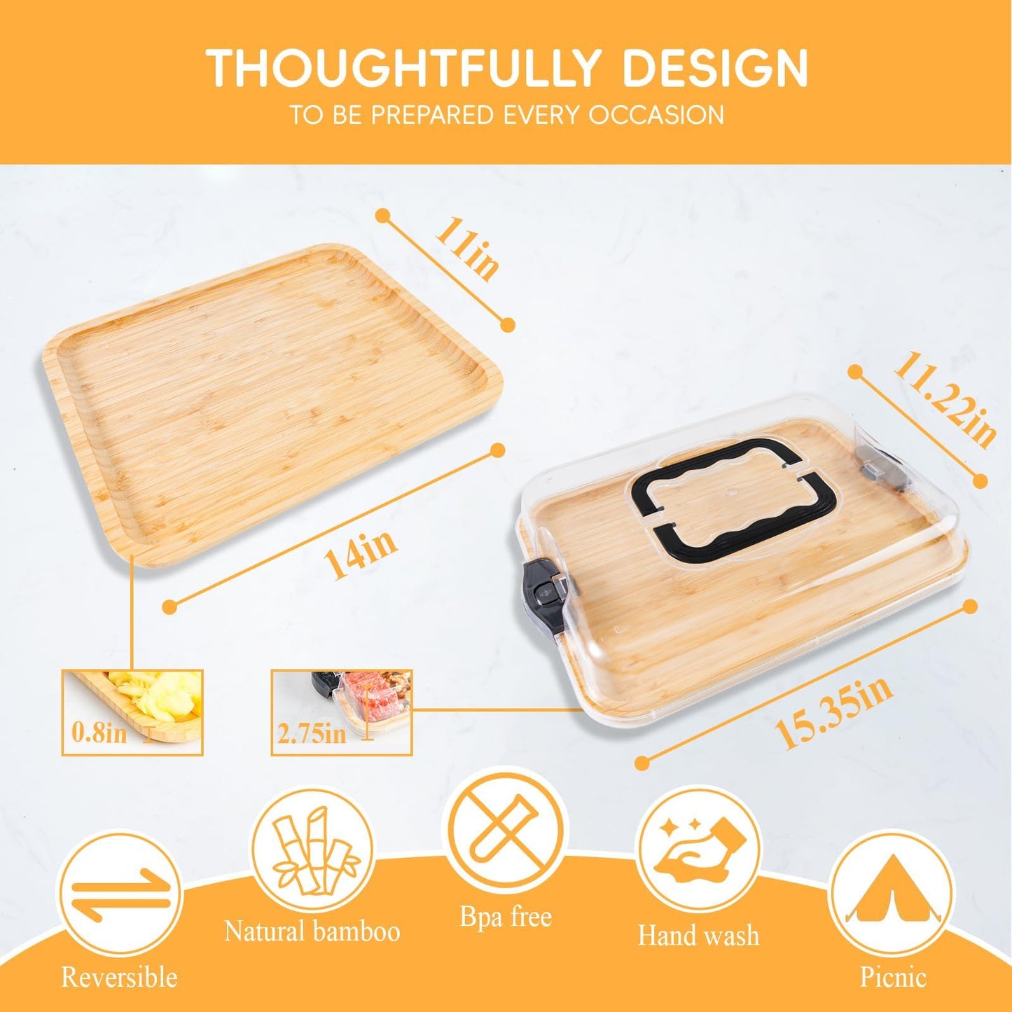 ACCL Bamboo Charcuterie Board 1-Compartment with Locking Lid, Ergonomic Handle & Knives Set - Portable Food/Cheese Serving Tray, Reversible Cutting Board for Picnic, Party & Gatherings (Pack of 12)