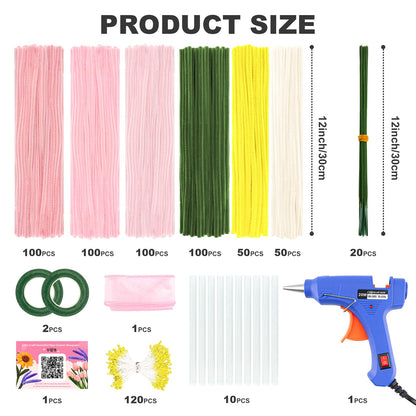 YONOVO 500 Pcs Pink Pipe Cleaner Flower Kit - Complete Set for DIY Flower Making, 8mm Thick 12 Inches Pastel Chenille Stems with Hot Glue Gun and Tutorials for Teens and Adults