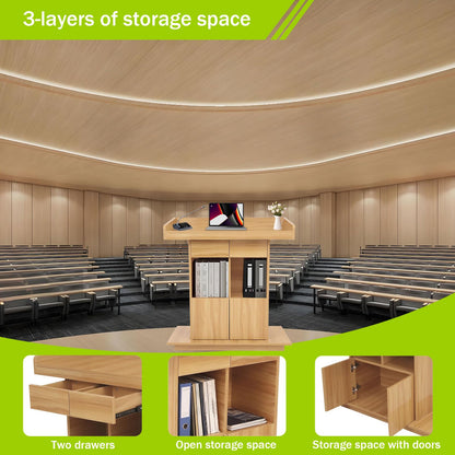Wooden Podium Stand for Church Wooden Speaking Lectern with Drawers and 3 Levels of Storage Lecterns and Podiums Pulpit Stand for Churches Classroom Conference Room (Natural Wood Color, 39.4 * 20in)