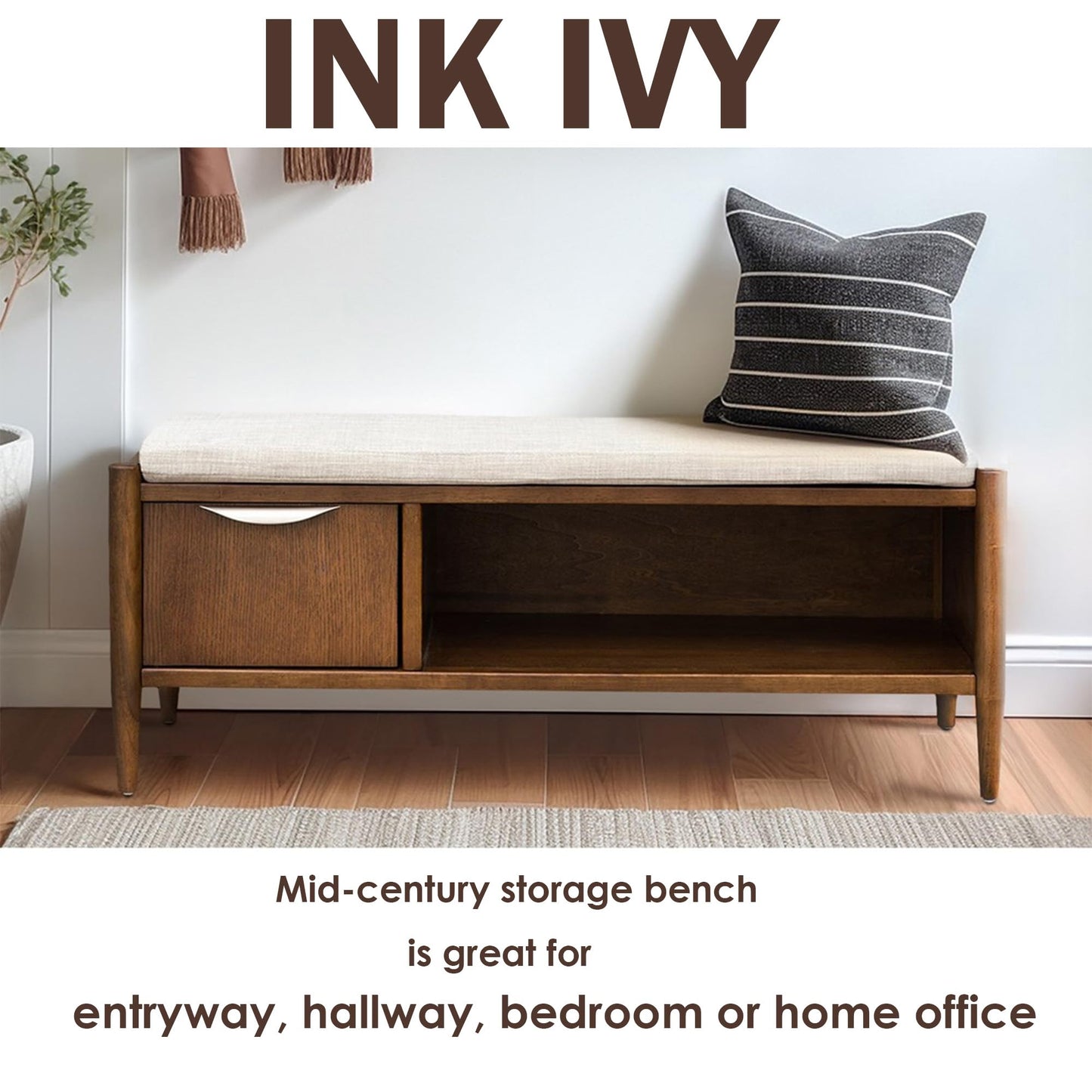 Ink+Ivy Arcadia Entryway Accent Bench with Shelf Shoe Rack, Padded Seating Bench for Living Room, Modern Compact Bed End Bench with Storage for Bedroom Seating, Removable Cushion, 42" W, Walnut Brown