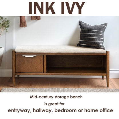 Ink+Ivy Arcadia Entryway Accent Bench with Shelf Shoe Rack, Padded Seating Bench for Living Room, Modern Compact Bed End Bench with Storage for Bedroom Seating, Removable Cushion, 42" W, Walnut Brown
