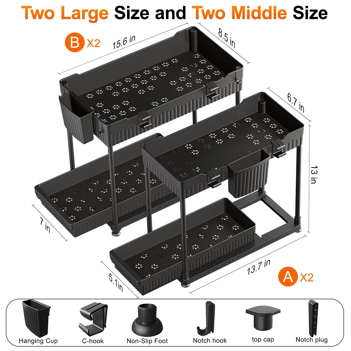 Sevenblue 4 Pack Under Sink Organizer, Bathroom Organizers and Storage, 2 Tier Multi-Use Pull Out Cabinet Organizer with Hang Hooks and Cups (Black, 4 Pack)