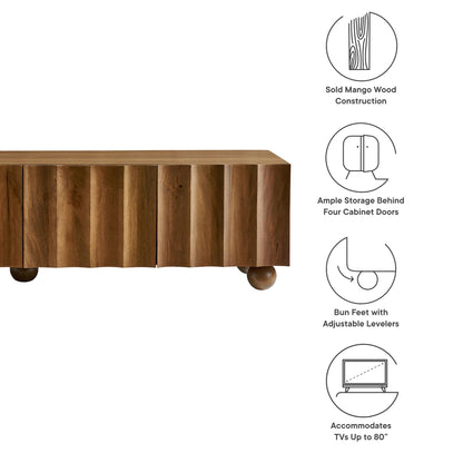 Modway Sorren 71 Inch Scalloped TV Stand in Walnut – 4 Door Media Console Cabinet – Modern Storage TV Stand with Doors