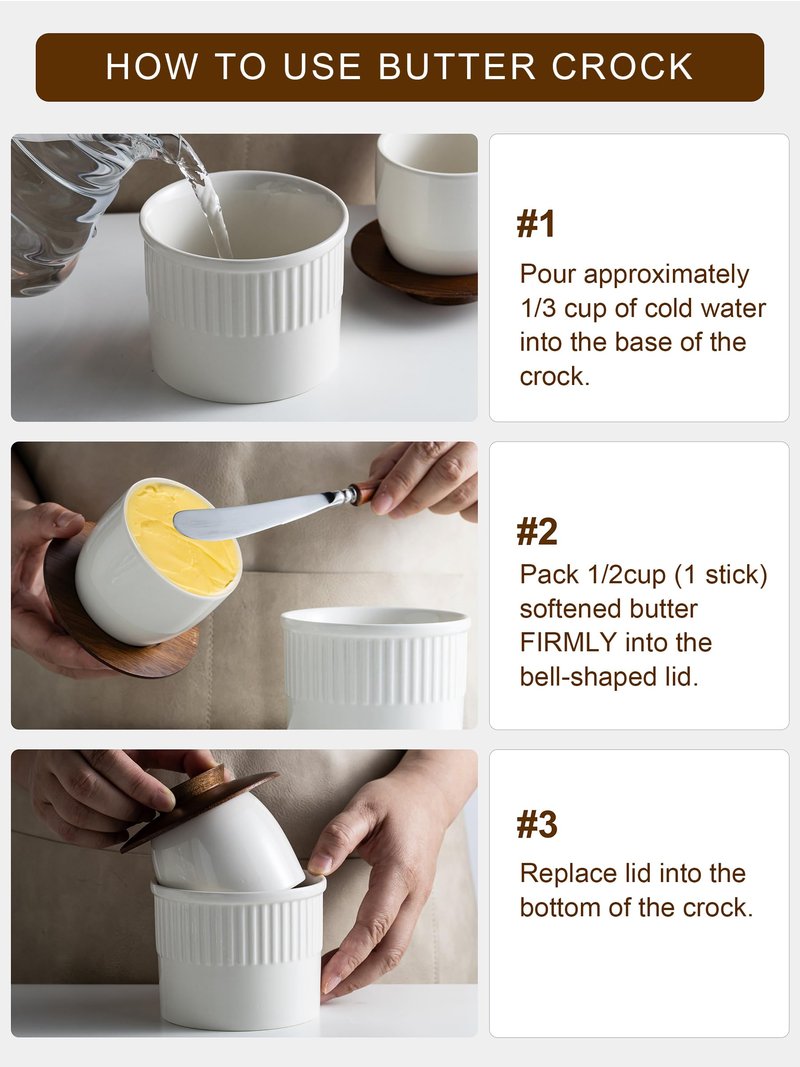 YHOJOY Ceramic Butter Dish With Lid, Butter Crock for Countertop, French Butter Keeper for Spreadable Butter, Elegant Embossed Pattern, Cream White