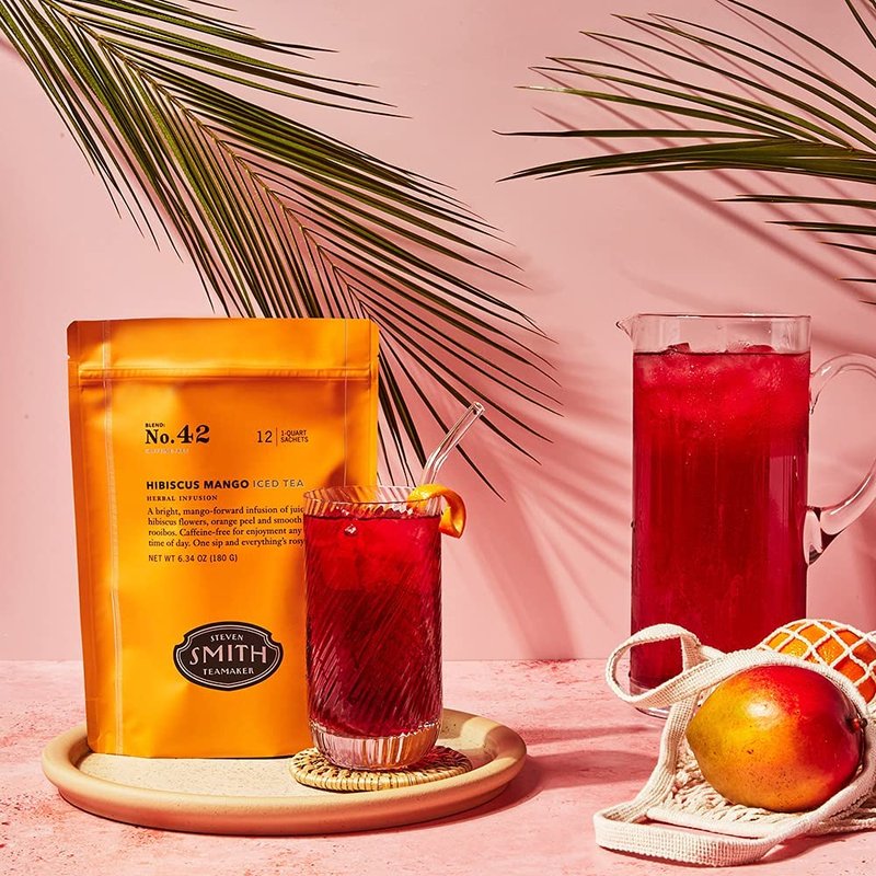 Steven Smith Teamaker Hibiscus Mango Iced Tea No. 42, Refreshing, Caffeine-Free, Sustainably Grown, Full Leaf Herbal Iced Tea, 10 Count, 1 Quart Sachets