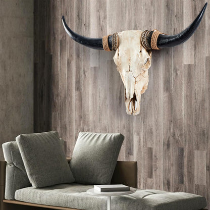 XOUXYJUN 31 Inch Cow Skull Wall Decor, Long Horn Wall Hanging, Faux Longhorn Skull Faux Taxidermy Animal Head, Handmade Resin Home Sculpture Faux Bull Horns for Wall (Brown)