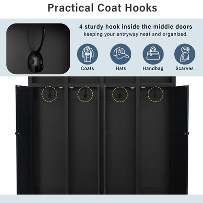 Shaical Hall Tree with Bench and Shoe Storage, 4-in-1 Entryway Bench with Coat Rack & Cabinets, Open Cubbies 4 Hooks, 76.7" H Wooden Storage Organizer for Hallway, Mudroom, Entrance, Black