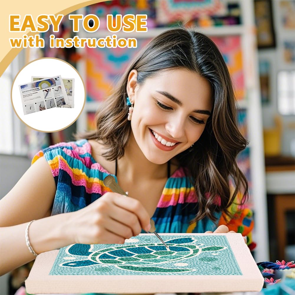 DOODLREAM Green Sea Turtle Punch Needle Kit for Beginner, 9.4"x9.4" Marine Animal Punch Stitching Craft Set, DIY Embroidery Starter with Printed Frame, Instruction, Threader, Yarn, Pinch Needle