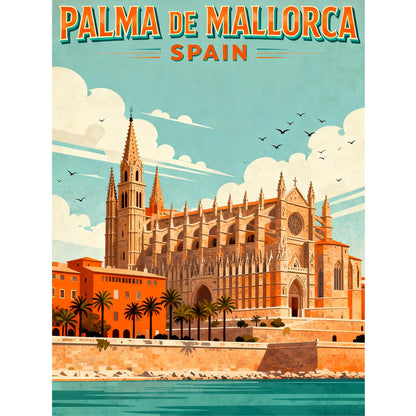 JZHYOAN Palma De Mallorca Vintage Travel Poster Diamond Painting Church Gem Art and Craft 5D Full Drill Crystal Rhinestone Round for Wall Decro Spain Landscape Diamond Art Travel Poster 30x40cm