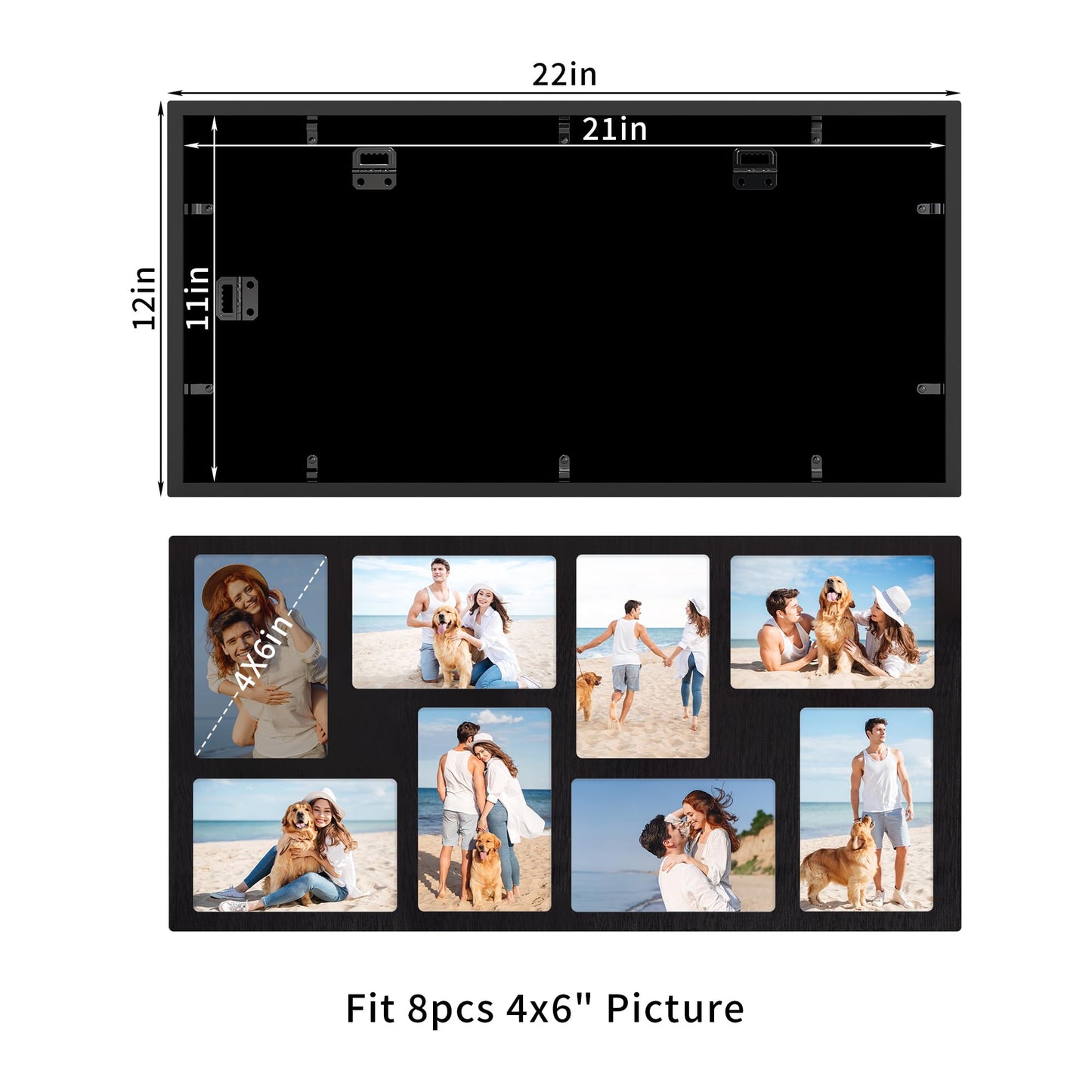 YESKAY 4x6 Picture Frame Collage for Wall Decor,Multiple Photo Collage Frames with Tempered Glass,8-Opening for 4 x 6 Picture Frames,Rustic Black,1 Pack(OD:11.75X21in)